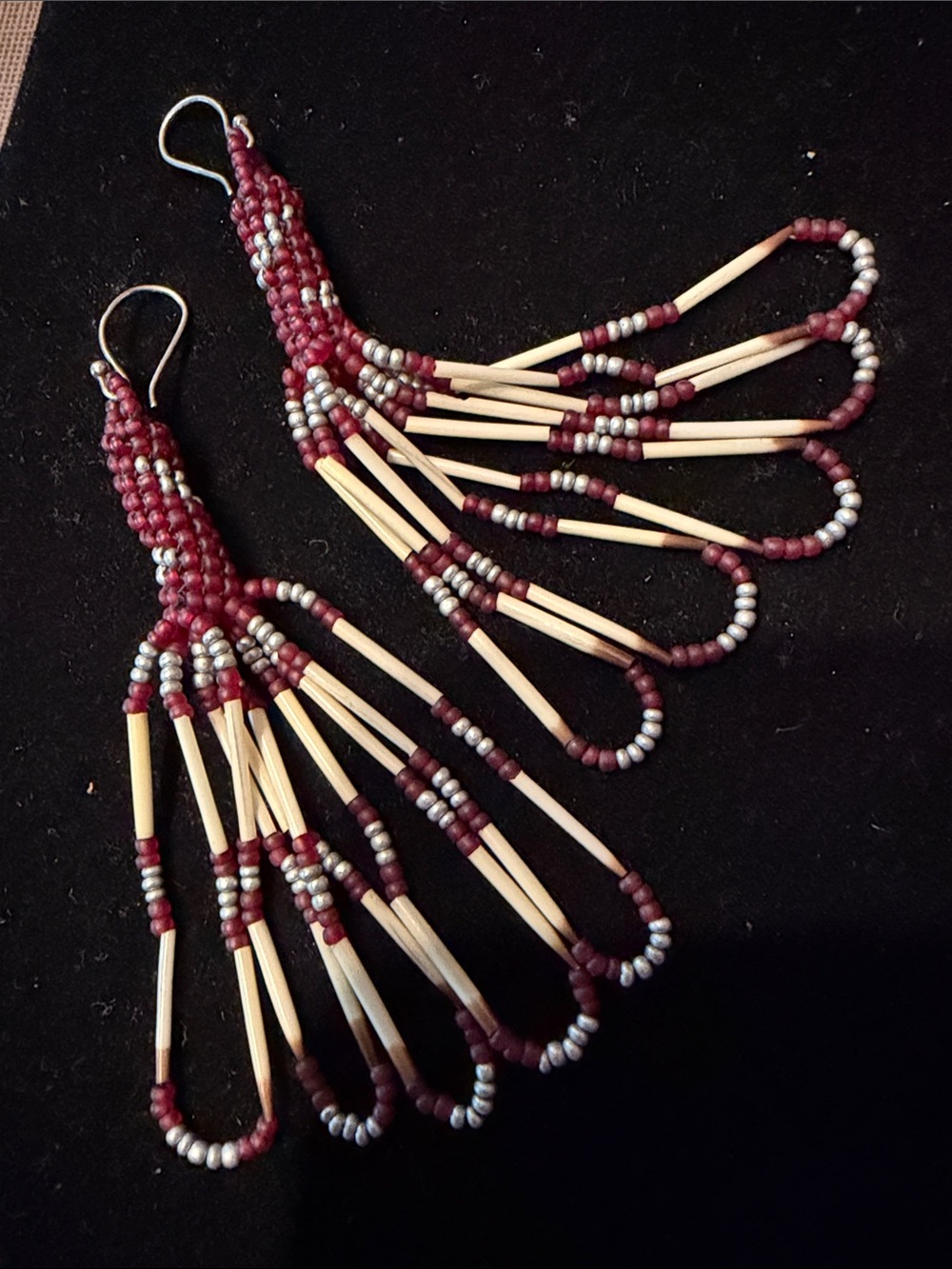 Vintage Handmade Native American Indian Porcupine Quill & Burgundy Silver Beads